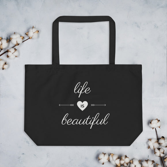 Large organic tote bag 'Life is Beautiful' in black